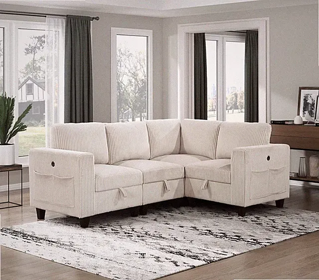 4-Piece Modular Sectional Sofa Beige Corduroy Storage