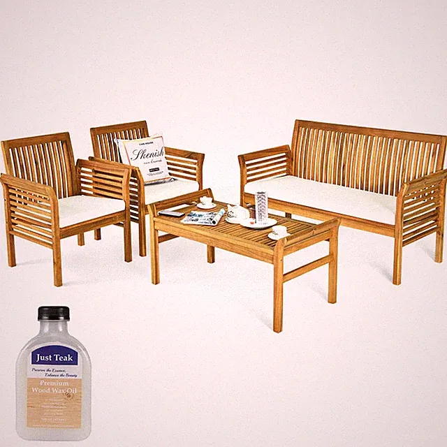4 Piece Outdoor Acacia Wood Sofa Set w/ Teak Wood Oil ,Water Resistant Cushions