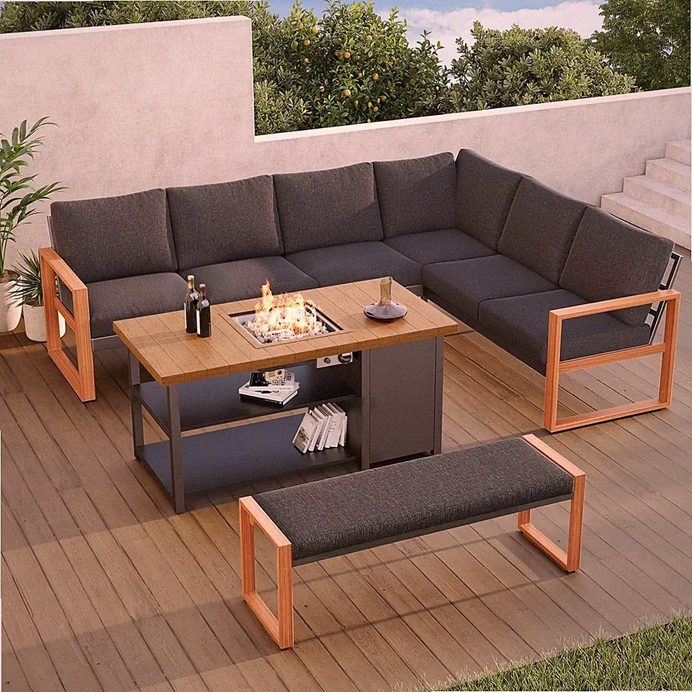 4-Piece Outdoor Furniture Set with Gas Fire Pit Table, Aluminum Patio Sofa Set f