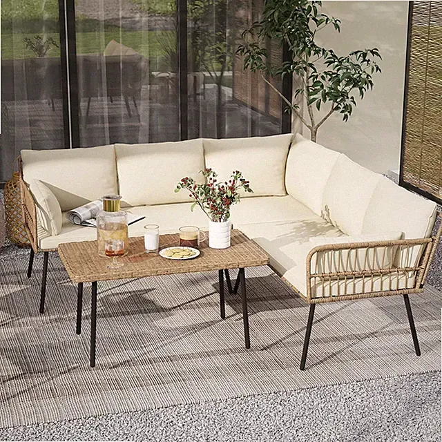 4-Piece Outdoor Patio Furniture Set with L-Shaped Sofa & Side Table - Beige