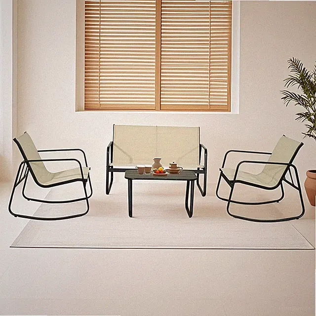 4 Piece Outdoor Patio Furniture Set with Loveseat 2 Rocking Chairs Coffee Table