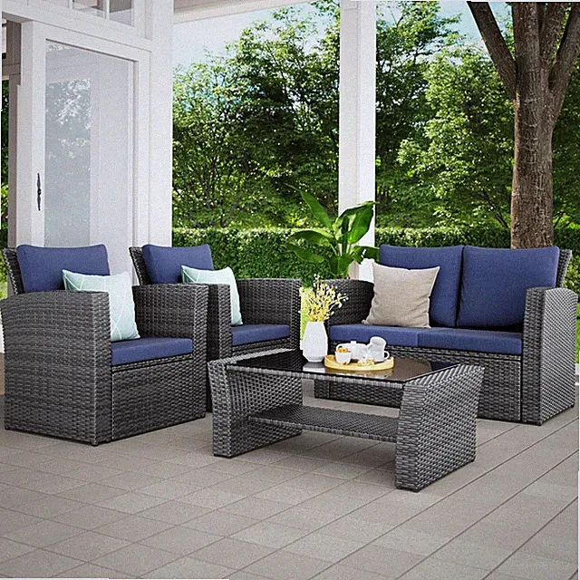 4 Piece Outdoor Patio Furniture Sets, Wicker Conversation Set for Porch Deck,...
