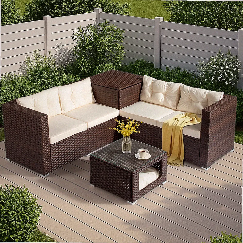 4 Piece Outdoor Patio Rattan Sectional Furniture Chair Set with Pet Coffee Table