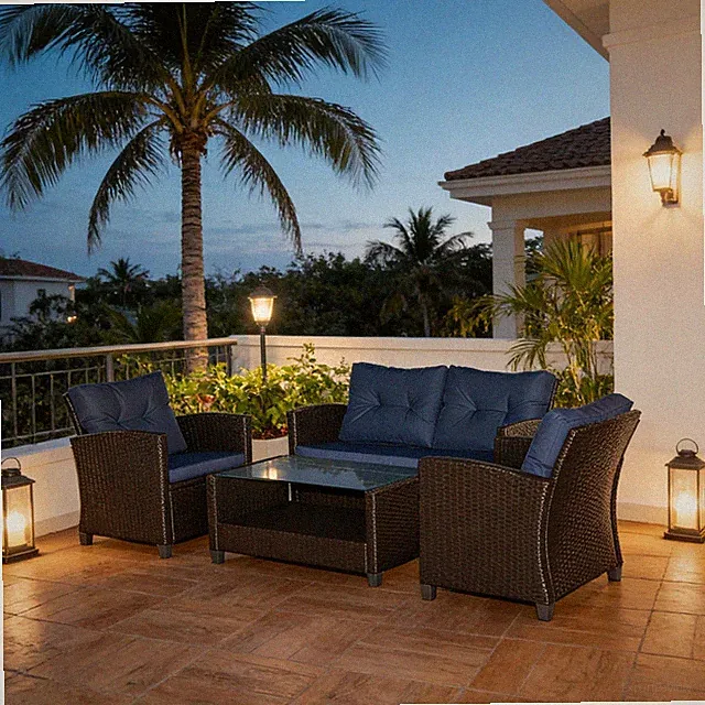 4-Piece Outdoor Sectional Sofa Set, Blue/Coffee, PE Wicker & Steel Frame
