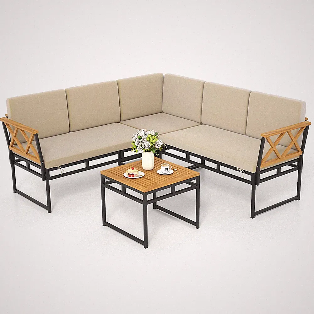 4 Piece Outdoor Sectional Sofa Set L-Shaped Metal Conversation Set w/ Cushions