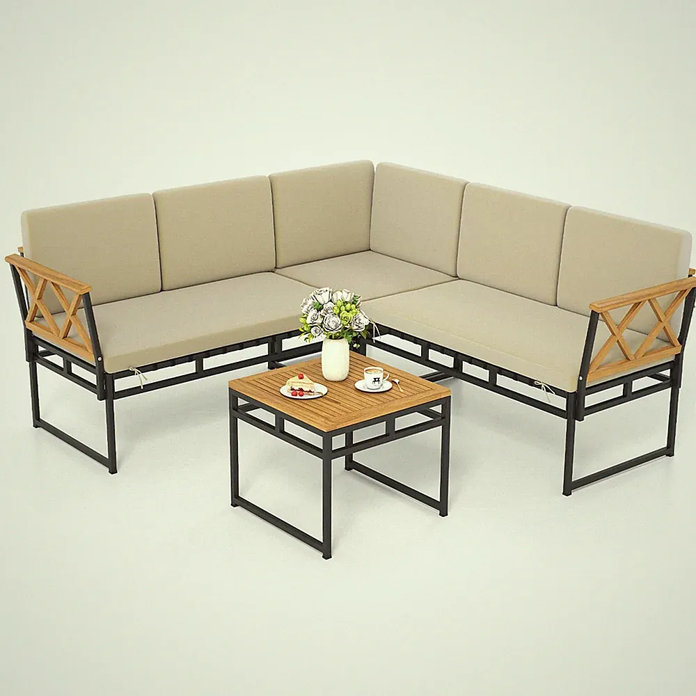 4 Piece Outdoor Sectional Sofa Set L-Shaped Metal Conversation Set w/ Cushions