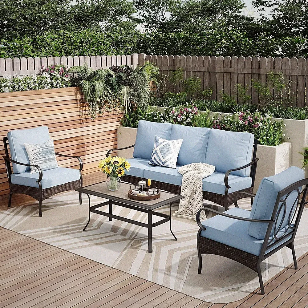 4 Piece Outdoor Sectional Sofa Set with Coffee Table Garden Patio Furniture Set