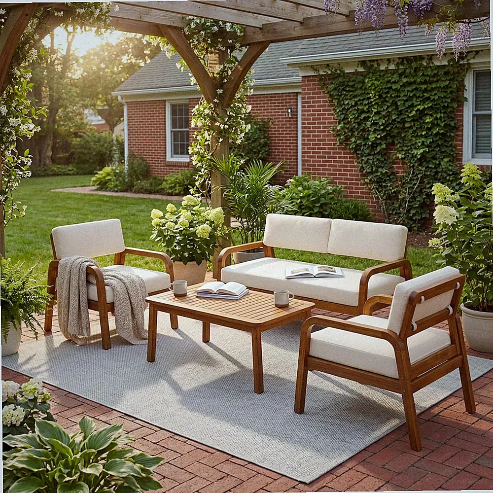 4-Piece Outdoor Sofa Set Loveseat & Coffee Table Acacia Wood