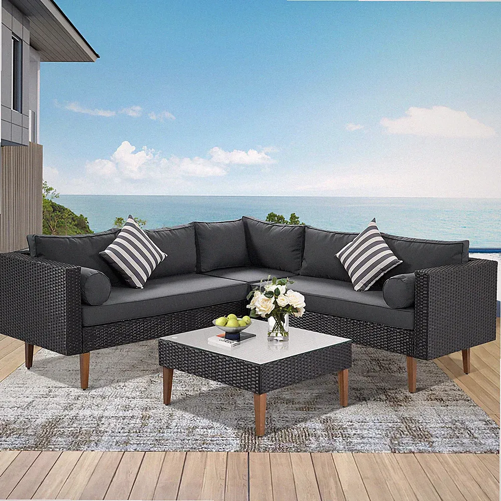 4-Piece Outdoor Wicker Patio Sofa Set – L-Shaped Sectional with Cushions