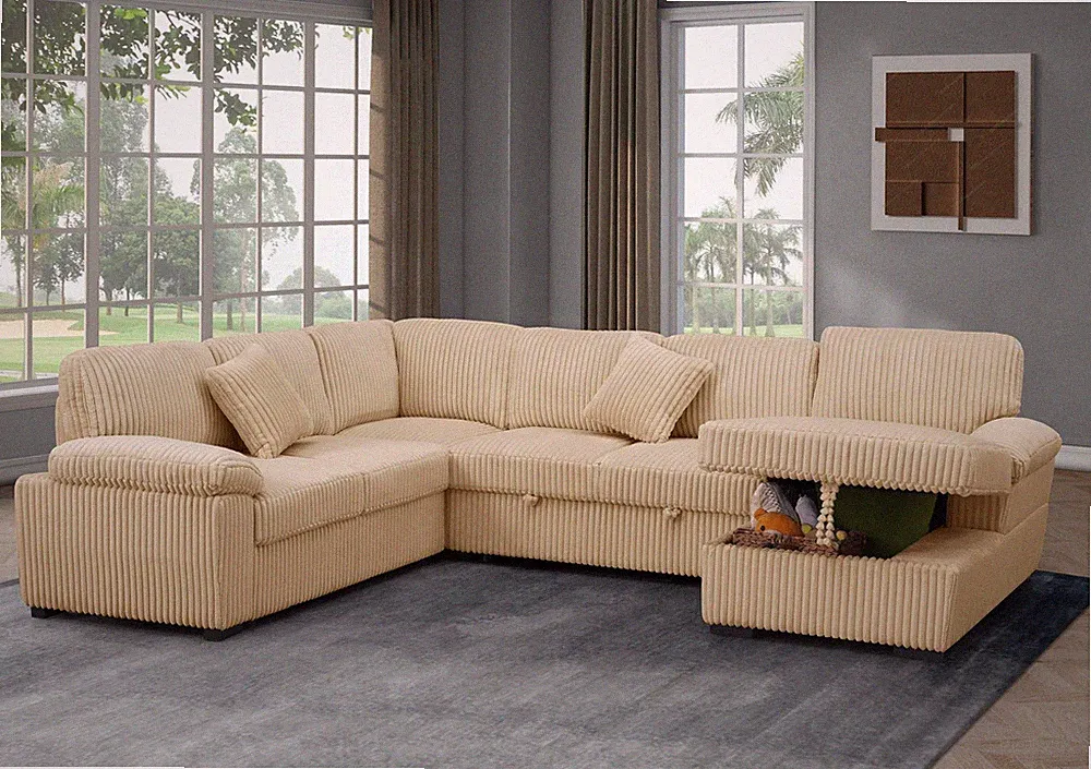 4 Piece Oversized Corduroy Sleeper Sectional Sofa With Storage Chaise