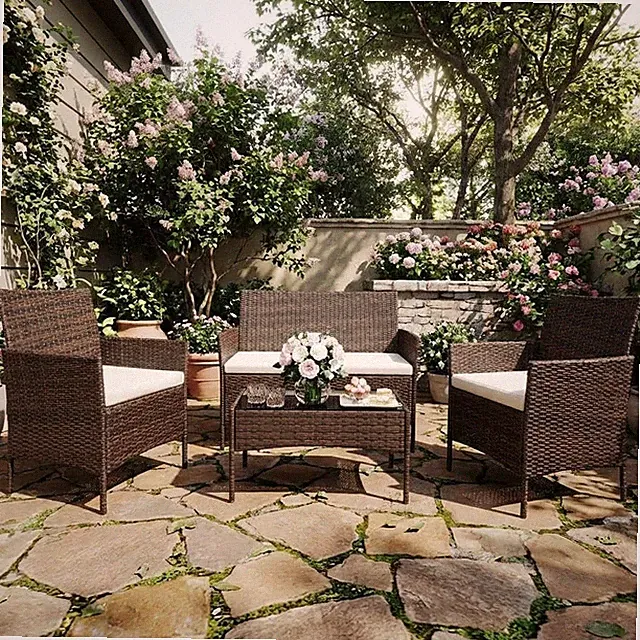 4-Piece Patio Furniture Set, Outdoor Wicker Conversation Set with Tempered Glass