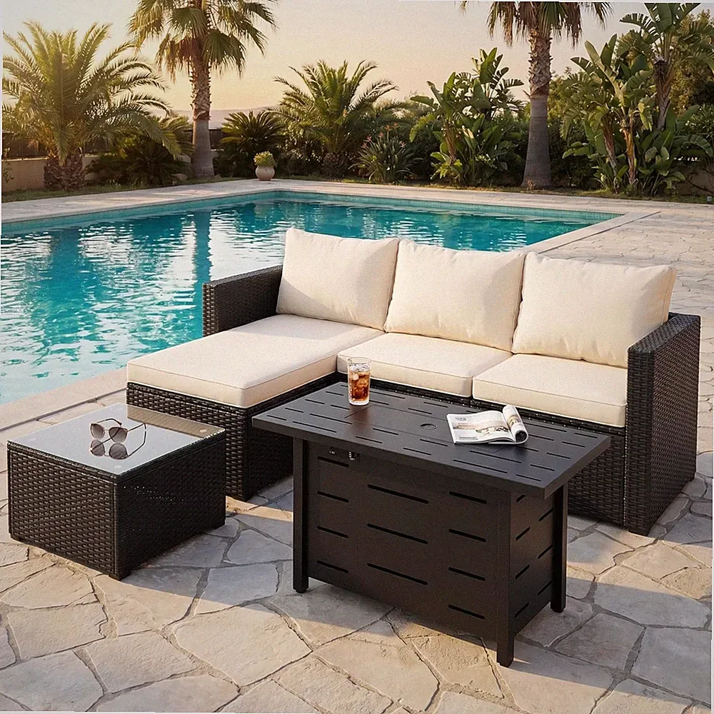 4-Piece Patio Furniture Set with 43" Propane Fire Pit Table, Outdoor Wicker Sect