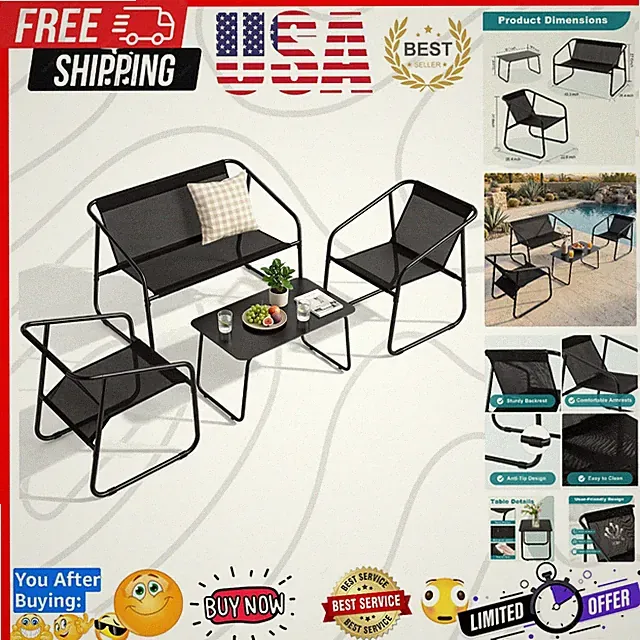 4 Piece Patio Furniture Set, with Table and Chairs, Black | Outdoor Patio Fur...