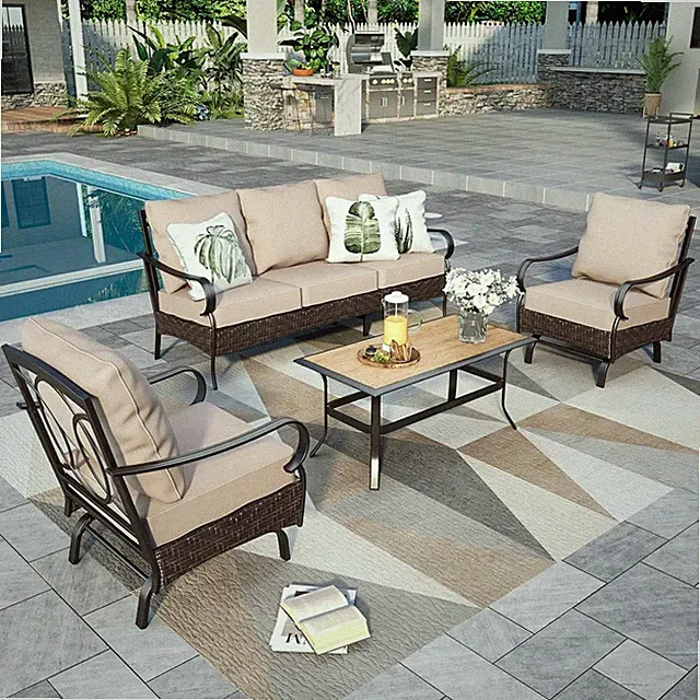 4 Piece Patio Furniture Sets Outdoor Sectional Sofa Rattan Wicker Set for Lawn