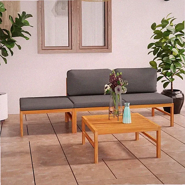 4 Piece Patio Lounge Set with Gray Cushions Solid Teak Wood