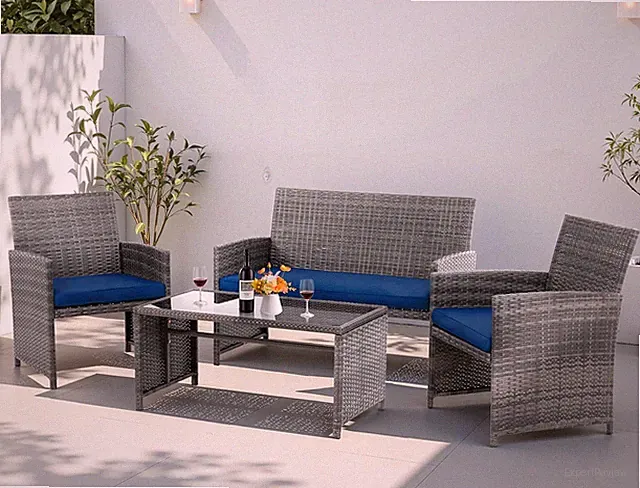 4 Piece Patio Ratten Set Outdoor Furniture Set Wicker Conversation Set with Cush