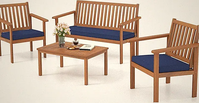 4 Piece Patio Wood Furniture Set, Acacia Wood Sofa Set W/Loveseat, 2 Chairs & Co