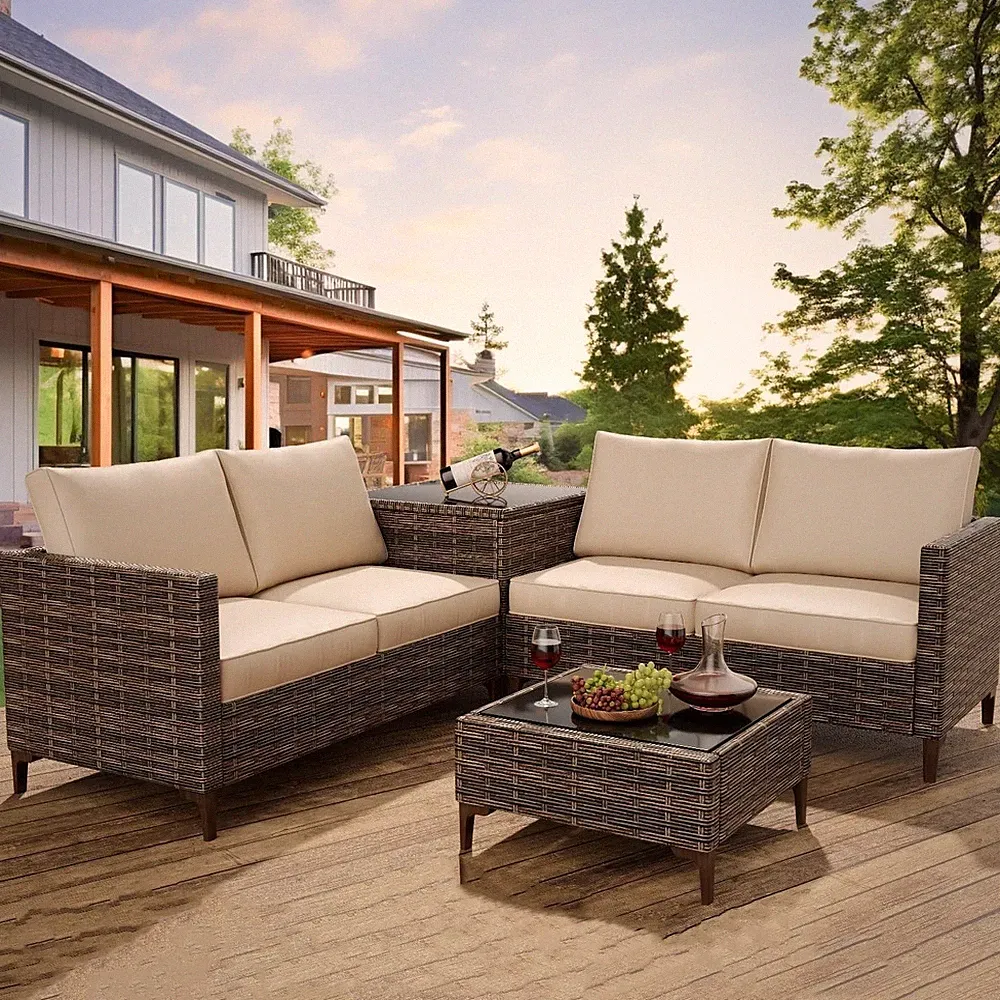 4 Piece PE Rattan Patio Sofa Set w/ Loveseat, Storage Coffee Table Outdoor
