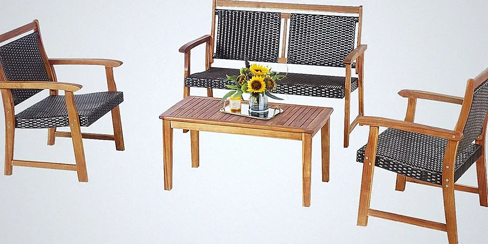 4-Piece Rattan Patio Conversation Set with Acacia Frame for Outdoor Relaxation