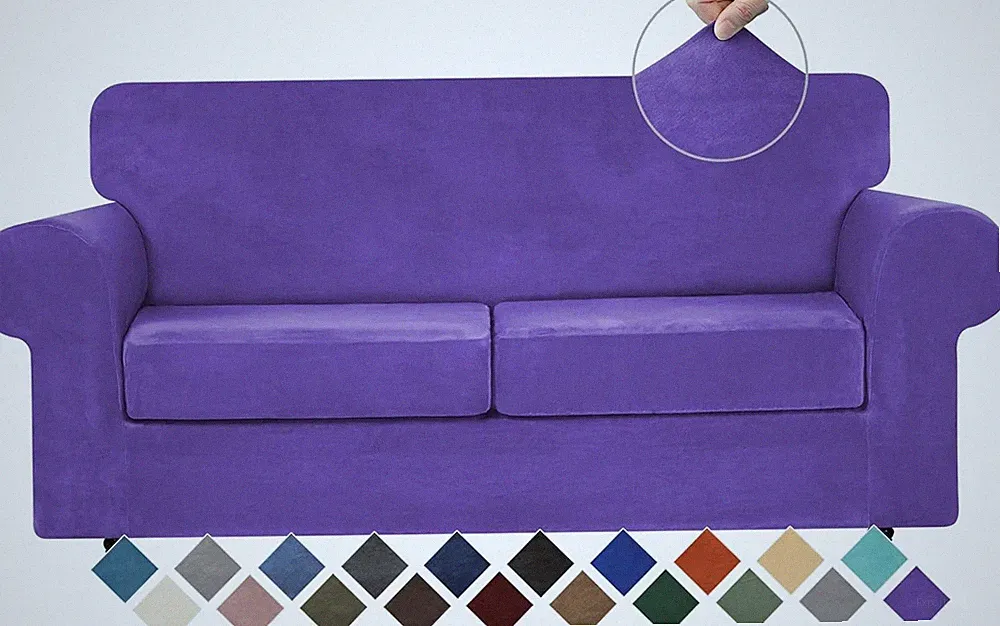 4 Piece Velvet Sofa Cover Set for 3 Cushion Couch Large Dark Grey Washable