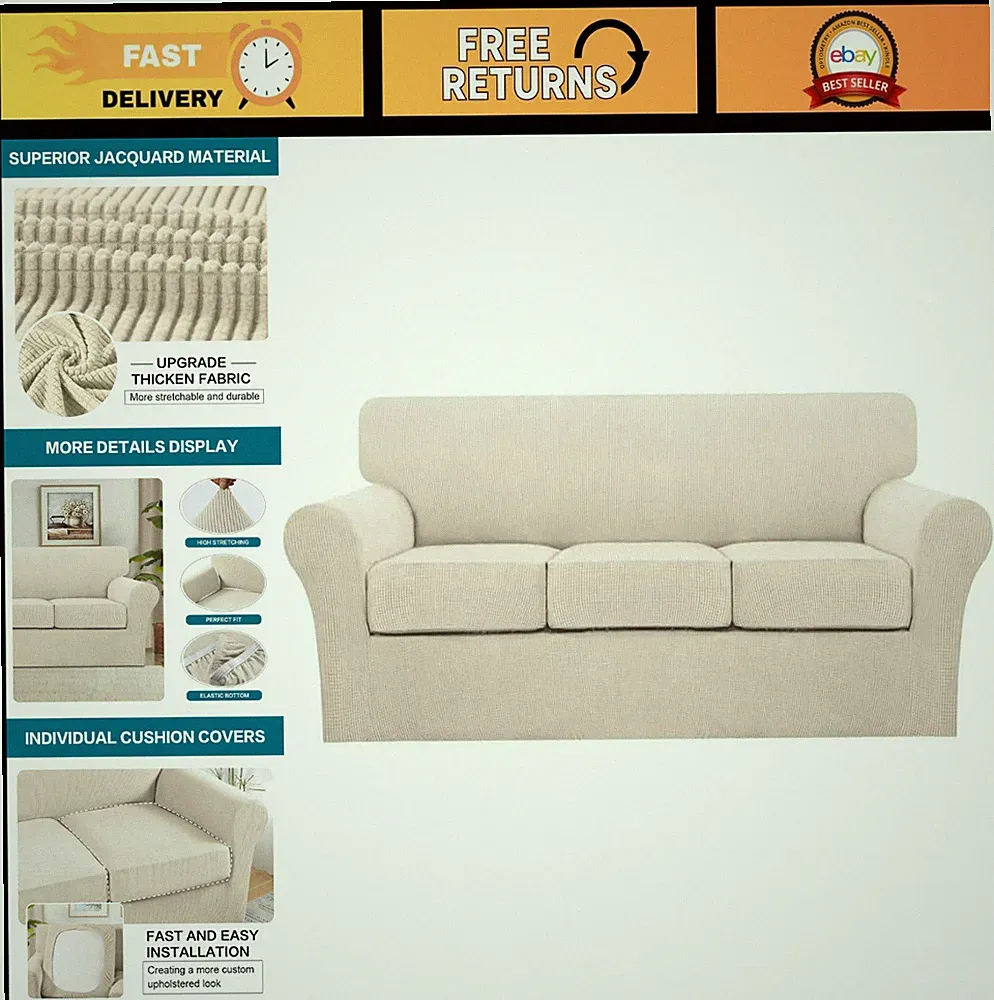 4 Piece Washable Couch Covers for 3 Cushion Sofa, Jacquard Fabric, Dog Friendly