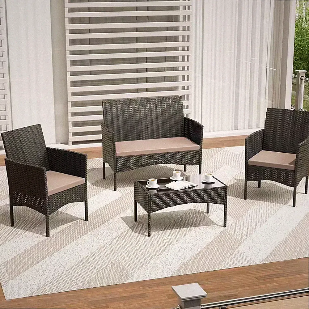4-Piece Wicker Outdoor Sectional Set with Coffee Table and Cushion Khaki for Con