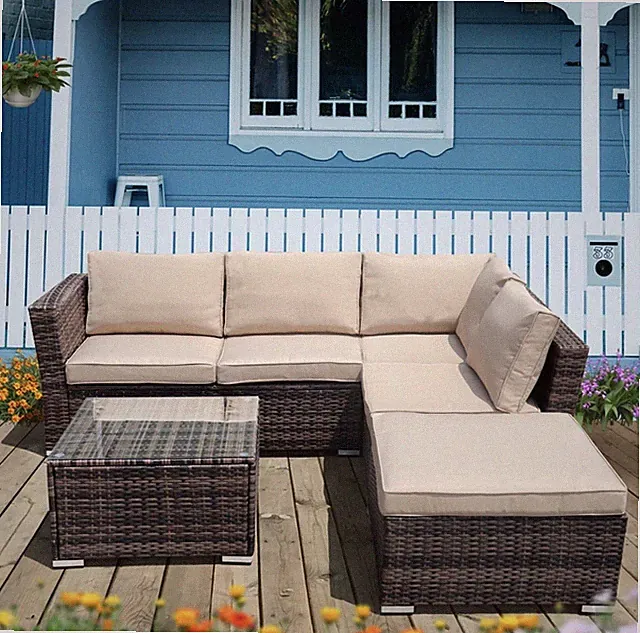 4 Piece Wicker Outdoor Sectional Sofa With Cover, Table, And Cushions