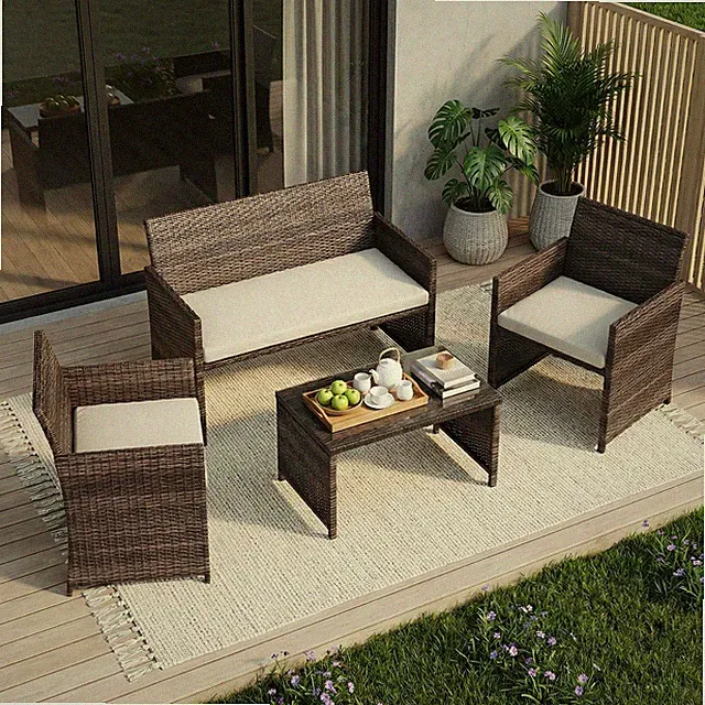4 Piece Wicker Patio Furniture Set PE Rattan Sofa Conversation Set Outdoor