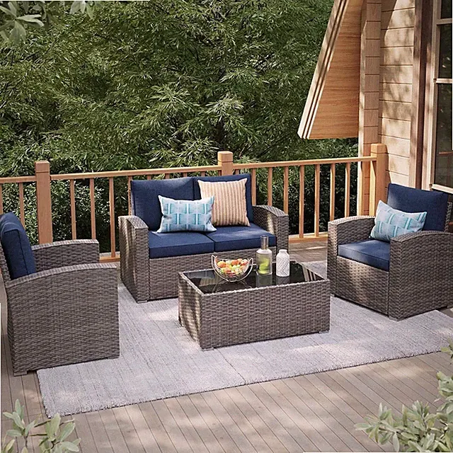 4-Piece Wicker Patio Set w/ Loveseat & Glass Table Navy