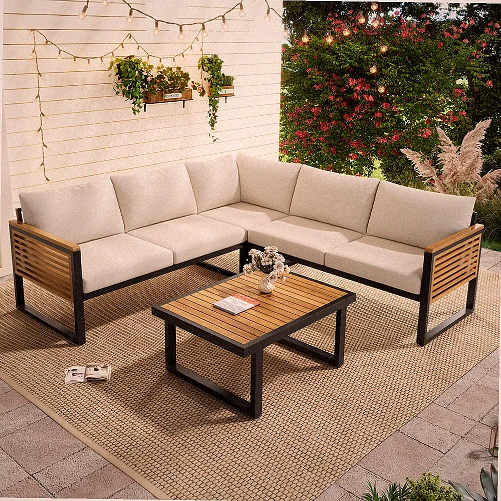 4 Pieces Acacia Wood Metal Patio Furniture Outdoor Sectional Corner Sofa Set