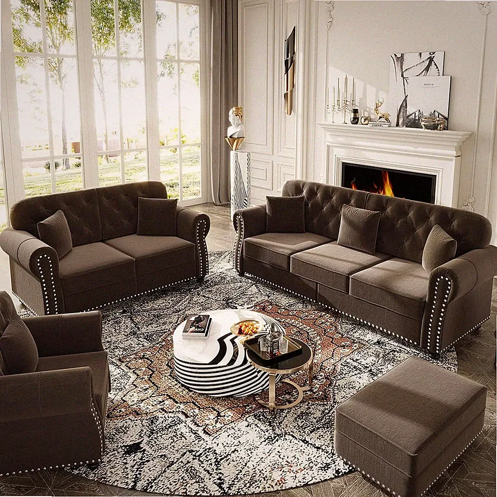 4 Pieces Chesterfield Sofa Set with Ottoman, 1& 2& 3 Seater Comfy Tufted Velvet