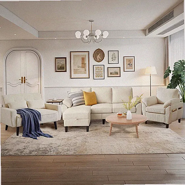 4 Pieces Corduroy Living Room Sets with Sofa, Ottoman and Loveseat, L Shaped Sec