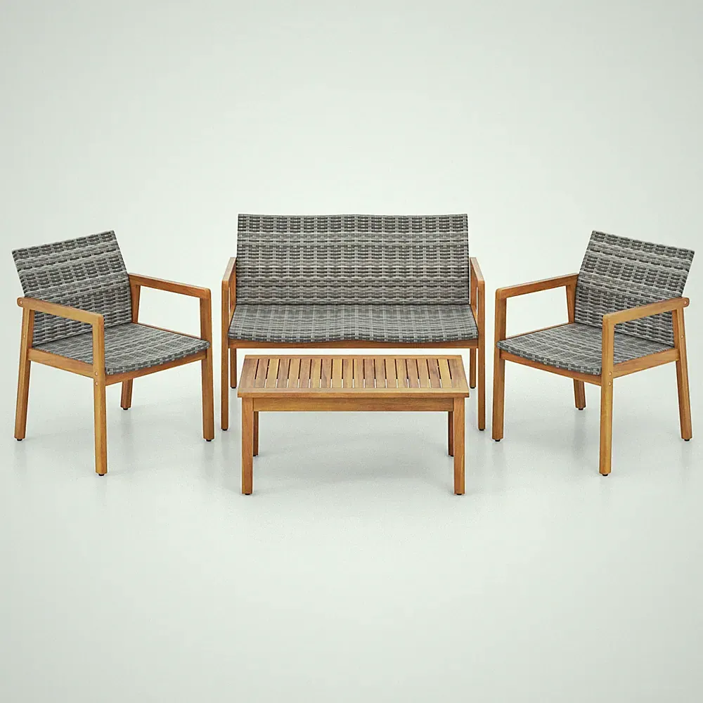 4 Pieces Outdoor Furniture Set, Acacia Wood Frame Sofa Set w/ Rattan Seat