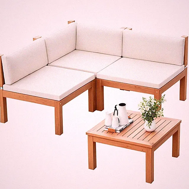 4 Pieces Outdoor Sectional Couch Patio Sectional Sofa W/ Acacia Wood Coffee
