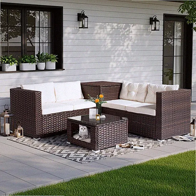 4 Pieces Outdoor Sectional Wicker Patio Furniture with Storage, Patio Sectional