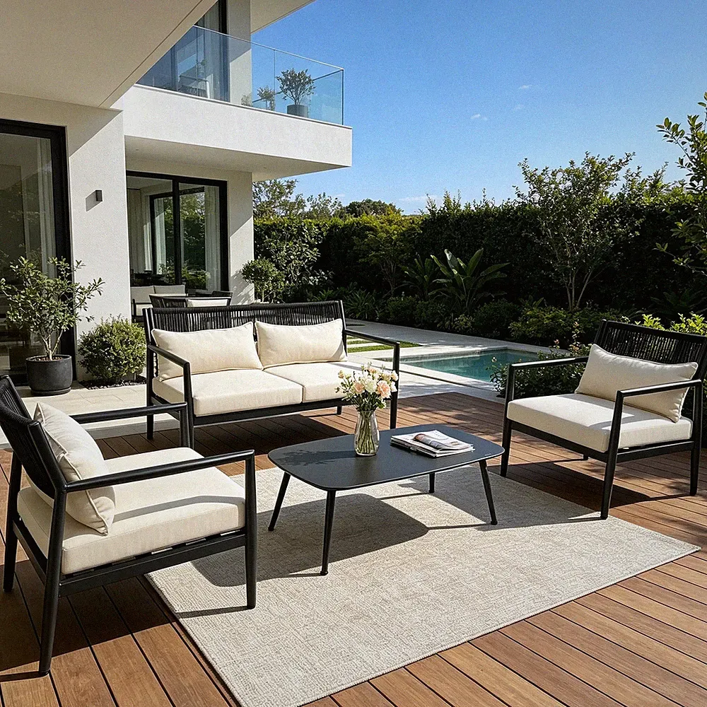 4 Pieces Patio Furniture Set, Metal Outdoor Sectional Sofa with Coffee Table