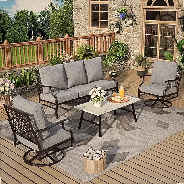 4 Pieces Patio Furniture Set Outdoor Sectional Sofa Metal Conversation Sets