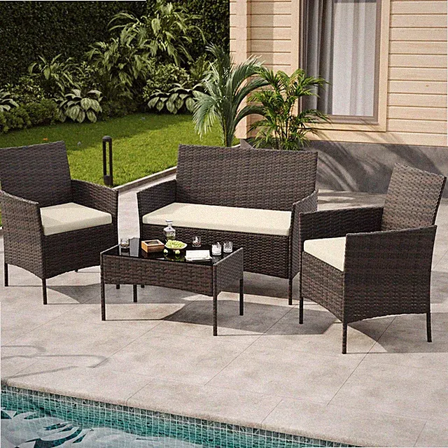 4-Pieces Patio Furniture Set Outdoor Sectional Sofa Rattan Wicker Sofa W/ Table