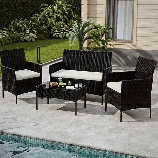 4-Pieces Patio Furniture Set Outdoor Sectional Sofa Rattan Wicker Sofa W/ Table