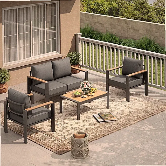 4 Pieces Patio Furniture Set Outdoor Sectional Sofa Set w/ Table for 4 Seat Grey