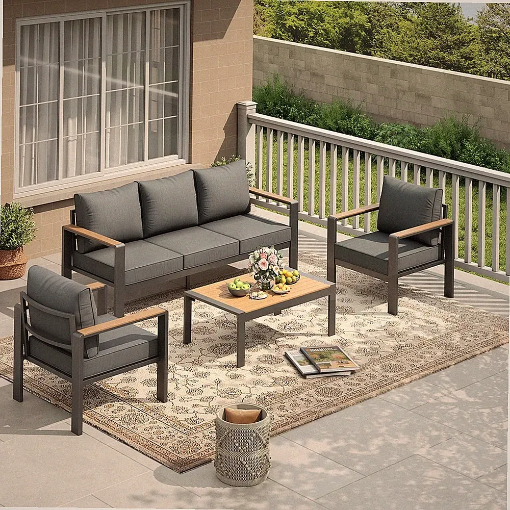 4 Pieces Patio Furniture Set Outdoor Sectional Sofa Set w/ Table for 5 Seat Grey