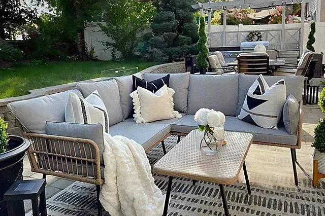 4 Pieces Patio Furniture Set, Outdoor Wicker Conversation Sectional L-Shaped Sof