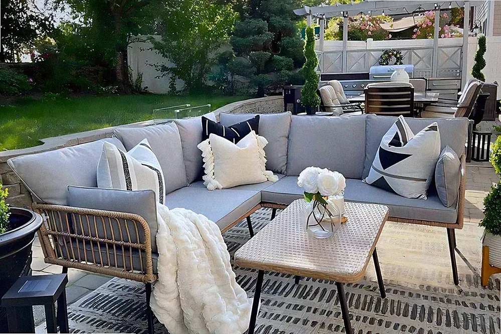 4 Pieces Patio Furniture Set Outdoor Wicker Conversation Sectional L-Shaped Sofa