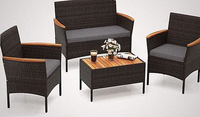 4 Pieces Patio Wicker Sofa Set, 2 Rattan Chairs & Loveseat W/Coffee Table, Gray