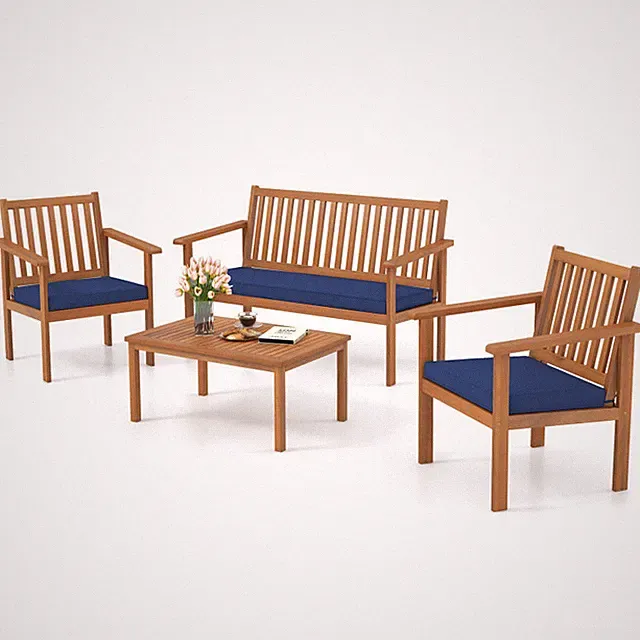 4 Pieces Patio Wood Furniture Set Acacia Wood Sofa Set with Loveseat