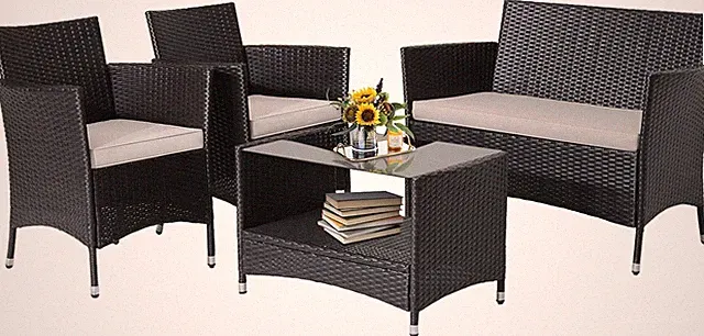 4 Pieces Rattan Patio Furniture Set, Mix Brown Wicker Sofa Set with Soft Seat Cu
