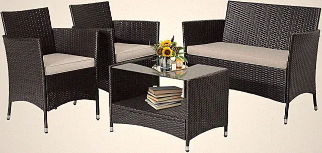 4 Pieces Rattan Patio Furniture Set, Mix Brown Wicker Sofa Set with Soft Seat Cu