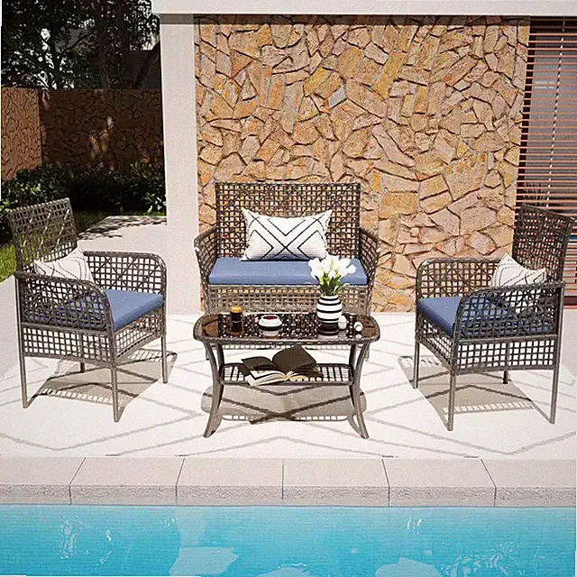 4-Pieces Wicker Outdoor Patio Sectional Set, Garden Conversation Chairs with Blu