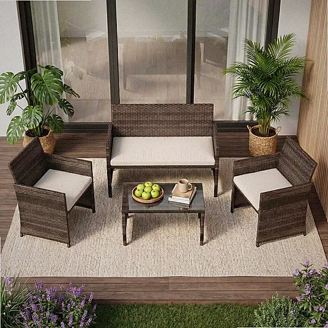 4 Pieces Wicker Patio Furniture Set, PE Rattan Conversation Sofa Seating Set