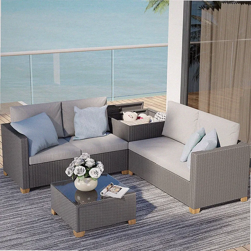 4 Pieces Wicker Sectional Sofa Set Storage Box Coffee Table Indoor Outdoor Gray